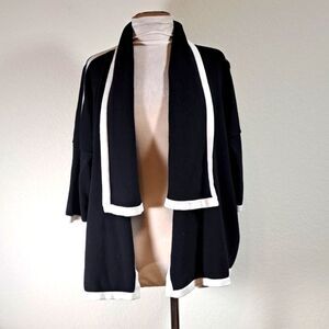 Chico’s Women’s Sweater Cardigan Size L Waterfall Black White Trim Short Sleeve